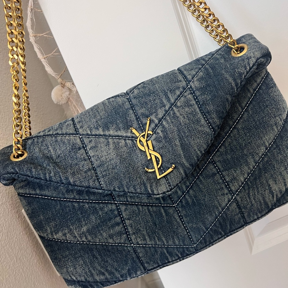 Denim Shoulder Bag with Gold Accents